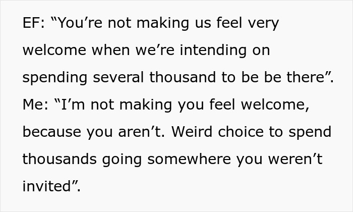 Text exchange about estranged relatives demanding access to unwelcome wedding despite clear rejection.
