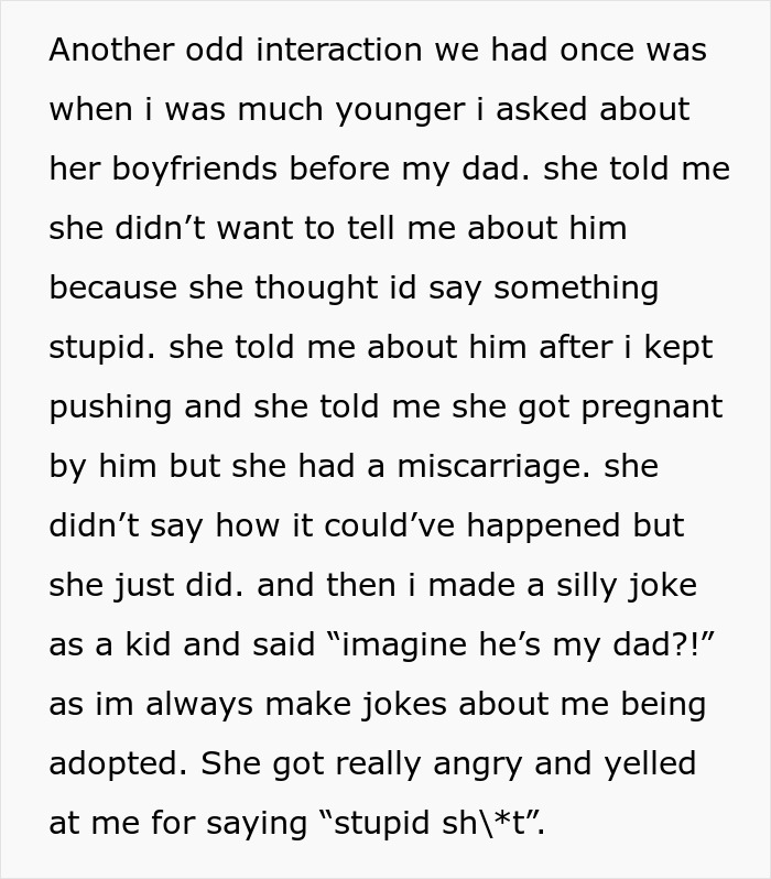 Daughter recalls awkward talk with mom about boyfriends and miscarriage, sparking tension over DNA test curiosity. Daughter recalls awkward talk with mom about boyfriends and miscarriage, sparking tension over DNA test curiosity.