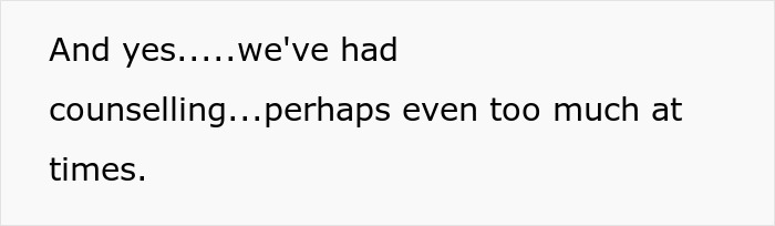 Text on white background stating a conversation about counseling amid wife's cosmetic upgrade and infidelity issues. Text on white background stating a conversation about counseling amid wife's cosmetic upgrade and infidelity issues.