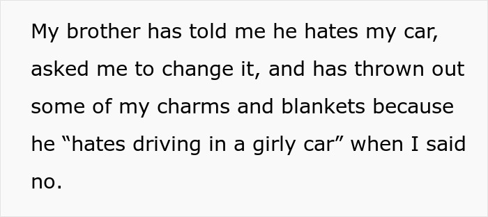 Text showing a sister explaining how her ungrateful brother trashed her girly car and refuses to get his own license.