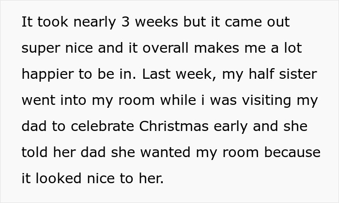 Text excerpt about a teen&rsquo;s half-sister wanting her room for Christmas, highlighting family conflict and holiday disappointment.