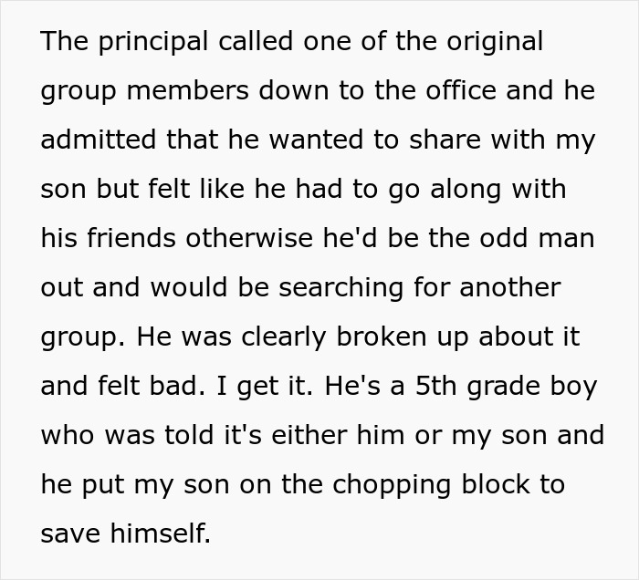 Text excerpt about a principal addressing social exclusion of an autistic kid from a class group causing emotional distress.