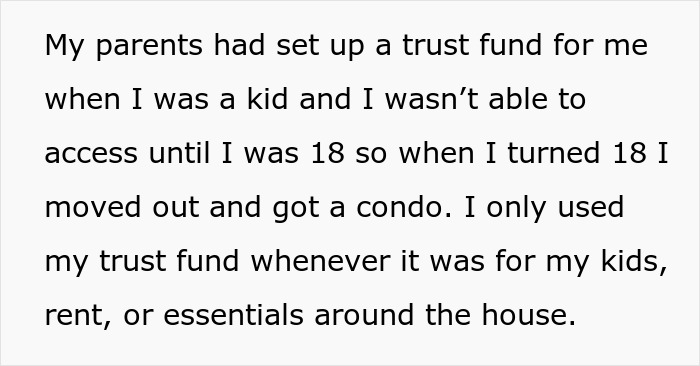 Text describing a step-daughter trust fund accessed at age 18 for housing, children, rent, and household essentials.