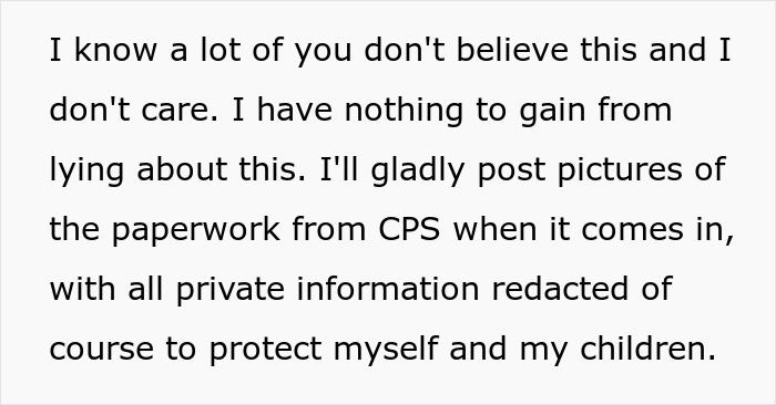 Text discussing a dad accused of horrific things by his kids, mentioning CPS paperwork and protecting family privacy.