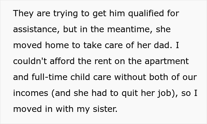 Text excerpt about a woman moving in with her sister-in-law due to financial struggles and caregiving responsibilities. Text excerpt about a woman moving in with her sister-in-law due to financial struggles and caregiving responsibilities.