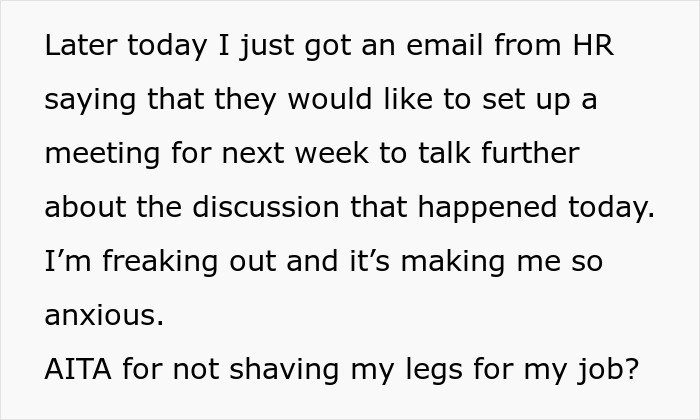 Text message expressing anxiety about an HR meeting over refusing to shave legs for work.