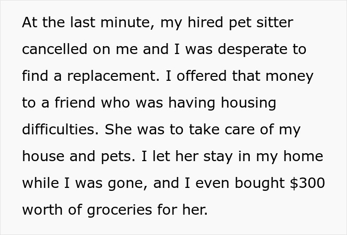 Text excerpt about woman letting friend stay during surgery recovery and providing groceries while away. - 3
