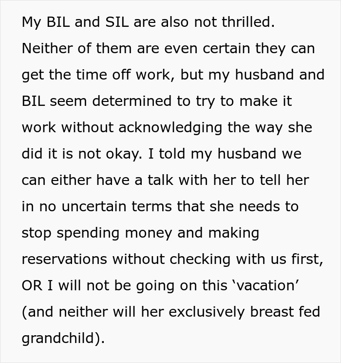 Text excerpt discussing a daughter-in-law frustrated with overbearing MIL making plans and spending without consultation.