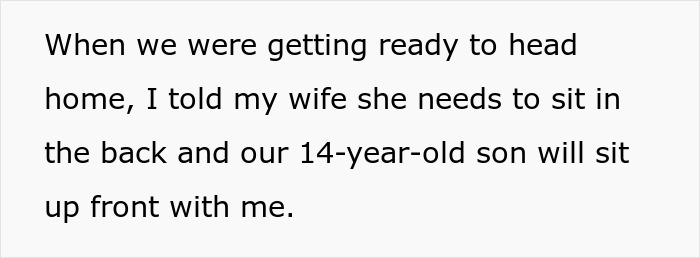 Text excerpt about husband banning wife from the front seat after anxiety meltdown risk during a car trip.