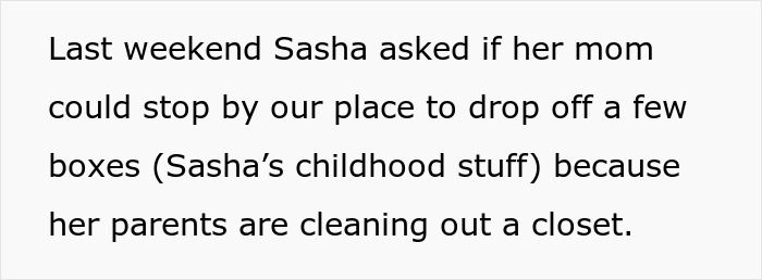 Text excerpt showing a message about Sasha asking her mom to drop off boxes while parents clean out a closet.