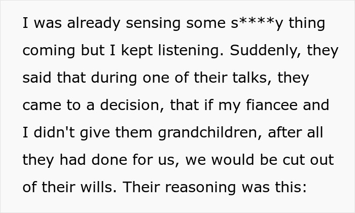 Text excerpt showing a man&rsquo;s parents trying to guilt-trip couple into having kids by threatening to disinherit them.