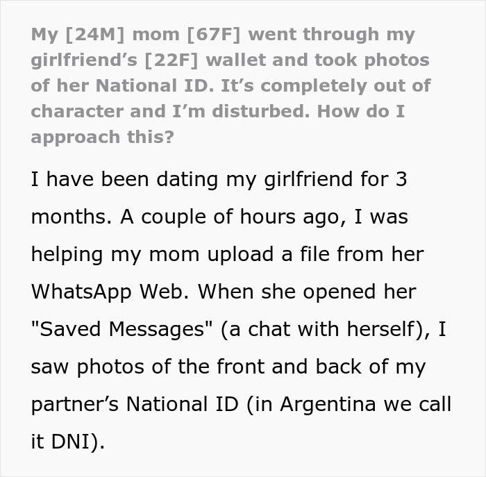 Mother secretly goes through girlfriend’s wallet and takes photos of her ID, causing disturbance and concern.