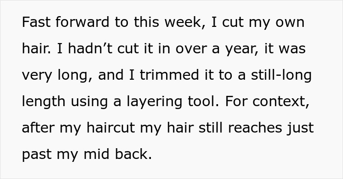 Text excerpt discussing personal autonomy in hair care, highlighting the act of cutting hair independently after over a year. Text excerpt discussing personal autonomy in hair care, highlighting the act of cutting hair independently after over a year.