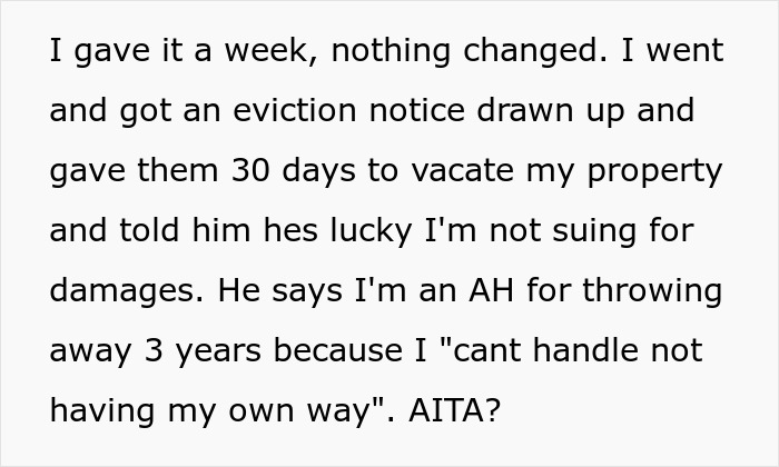 Text showing eviction notice drawn up after bratty teen keeps breaking walls and leaving mess in her room, stepmom takes action.