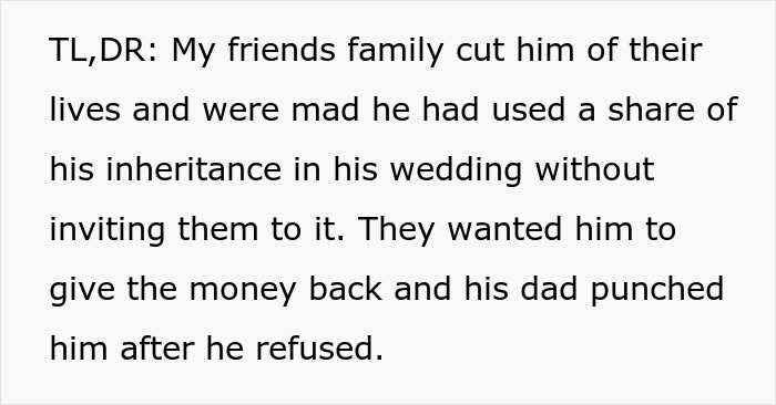 Text excerpt about a family shocked they were not invited to their gay son&rsquo;s extravagant wedding and fallout over inheritance.