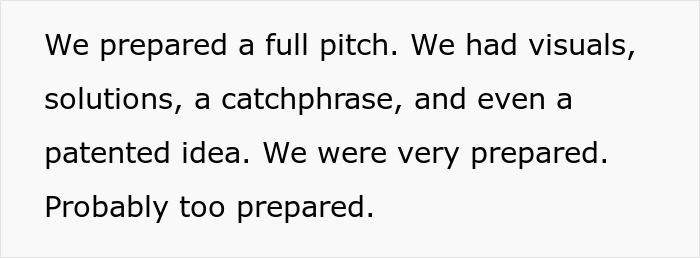 Text excerpt about a restaurant's prepared pitch including visuals, solutions, a catchphrase, and a patent idea.