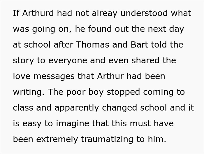 Text describing a boy bullying another in school and the impact leading to trauma and change in behavior.