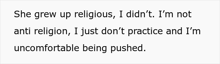 Quote about growing up religious and discomfort with being pushed, highlighting extremely religious lady's mission to convert.