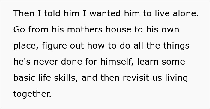 Text about man wanting to move from mom&rsquo;s house without learning chores, facing a reality check on life skills.