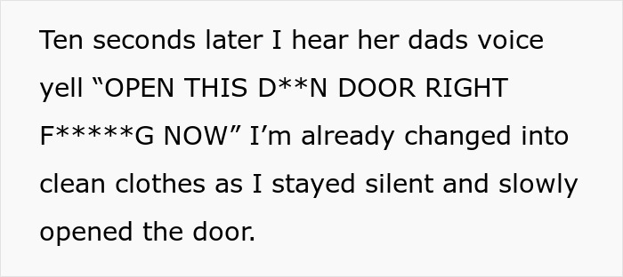 Text excerpt showing a tense moment involving a creepy dad trying to lie his way out of trouble.