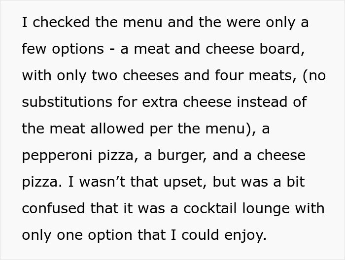 Text excerpt describing limited menu options at a cocktail lounge affecting a recovering alcoholic&rsquo;s second date experience.
