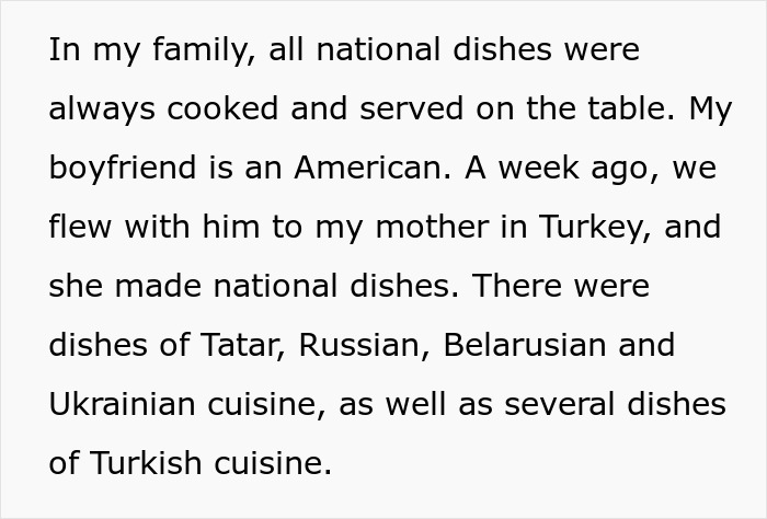 Text excerpt about family national dishes and different cuisines including Tatar, Russian, Belarusian, Ukrainian, and Turkish food. Text excerpt about family national dishes and different cuisines including Tatar, Russian, Belarusian, Ukrainian, and Turkish food.