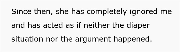 Text excerpt about woman horrified MIL didn't change kid's diaper, showing ongoing tension after argument.