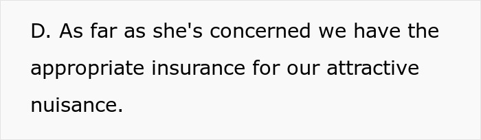 Text on a white background stating concerns about having appropriate insurance for an attractive nuisance in a family backyard.