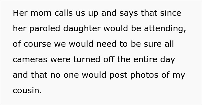 Text about a mom requesting cameras to be off and no photos posted due to a paroled family member attending. Text about a mom requesting cameras to be off and no photos posted due to a paroled family member attending.