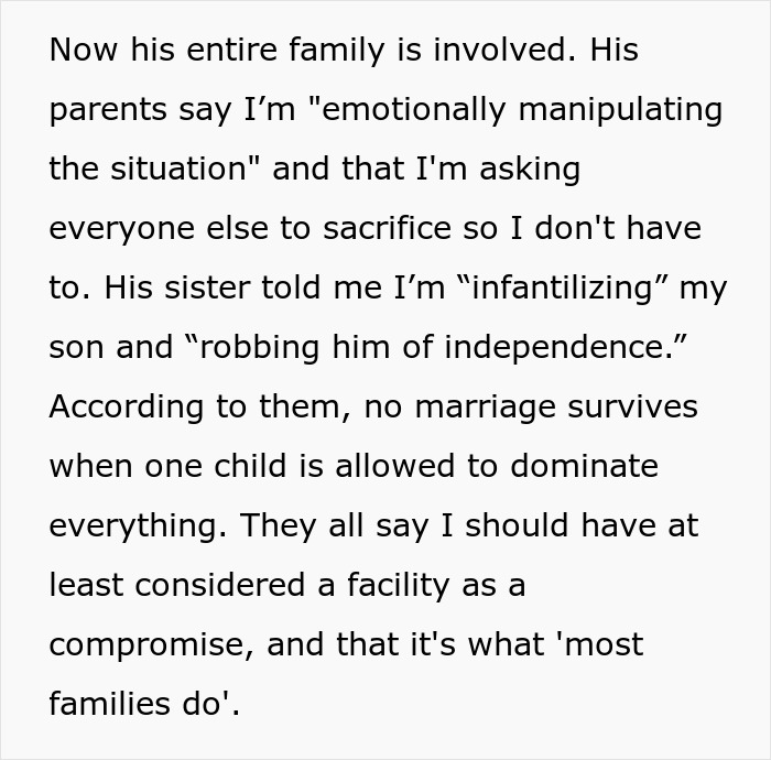 Text discussing family conflict over wife&rsquo;s disabled son and impact on their normal life and household dynamics.