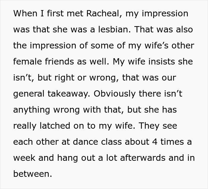 Printed paragraph about meeting a lesbian bestie and the wife's close bond, black text on white background.