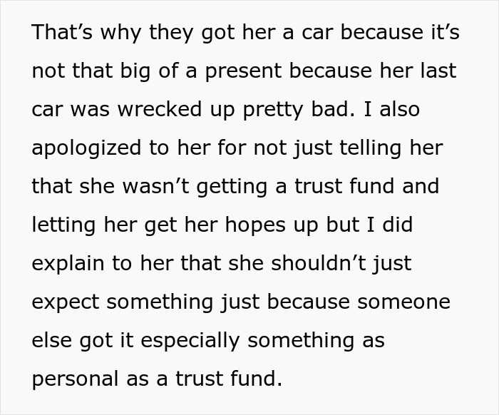 Text about explaining to a step-daughter why she isn’t receiving a step-daughter trust fund despite a car gift.