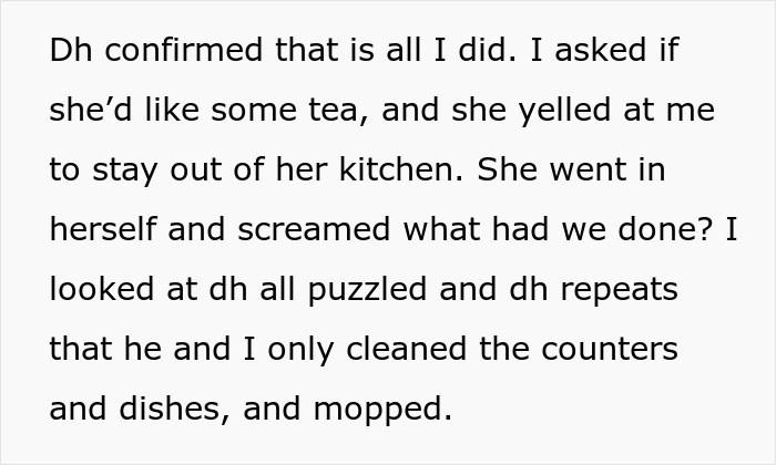 Text excerpt about MIL and DIL conflict describing cleaning and rearranging furniture, highlighting the long game played.