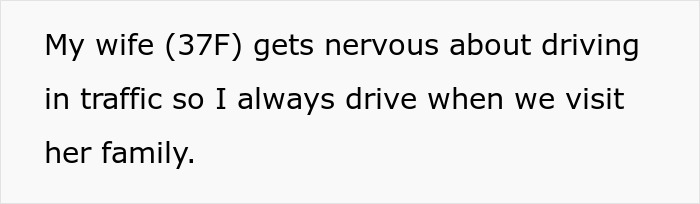 Text excerpt about wife&rsquo;s anxiety meltdown causing husband to ban her from front seat while driving with family.