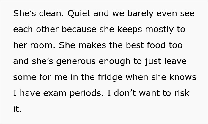 Text excerpt describing a clean, quiet roommate who shares food during exam periods, highlighting roommate experiences.