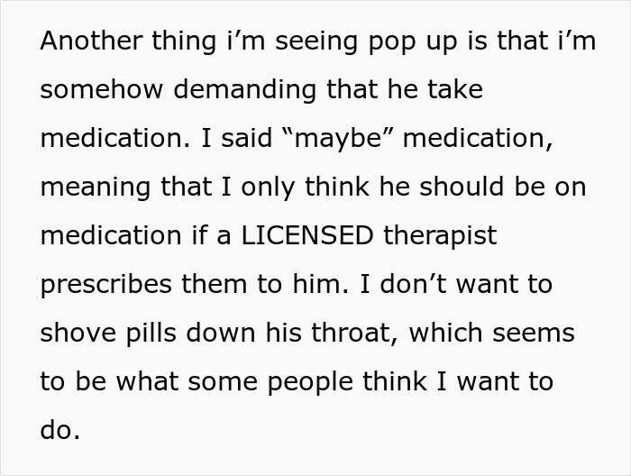 Text excerpt discussing concerns about demanding medication and preference for licensed therapist's advice in a paternity test dispute.