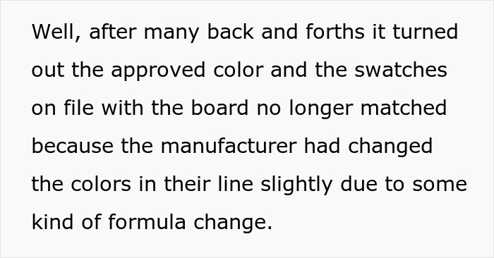 Text excerpt about HOA president conflict and color swatches no longer matching due to manufacturer changes in formula.