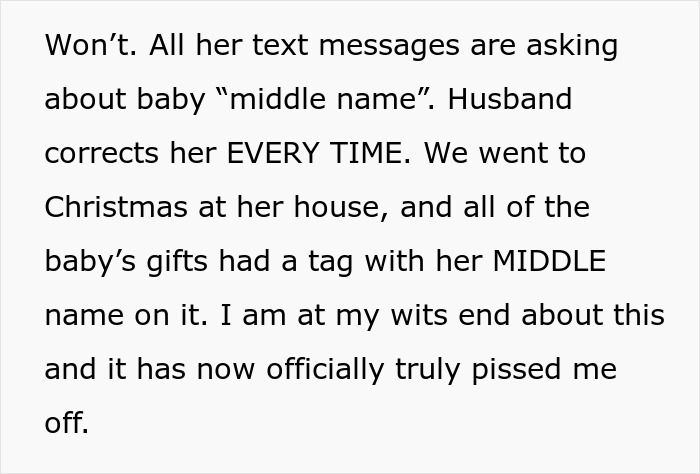 Text message confusion over baby middle name causes frustration in mil refuse baby name family dispute.