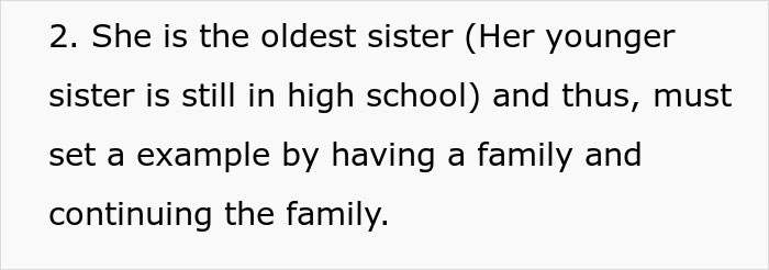 Text excerpt discussing family pressure on an eldest sister to set an example by having a family and continuing the family lineage.
