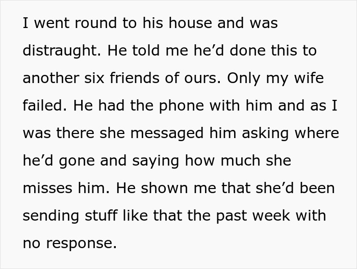 Text message conversation about friend catfishing a married woman to test faithfulness, revealing no response to messages.