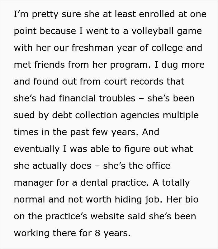 Text excerpt revealing a woman&rsquo;s fabricated career stories and financial troubles over a decade-long lie.