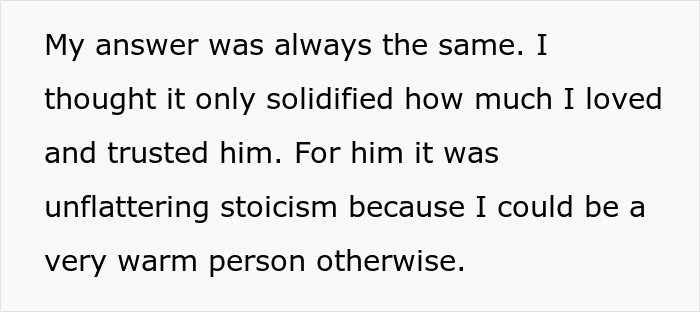 Text excerpt showing a woman expressing trust and emotional warmth despite her husband leaving her, highlighting trust and jealousy.