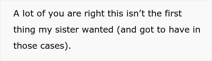 Text on a plain background stating a response about a sister&rsquo;s past Christmas wishes and desires.