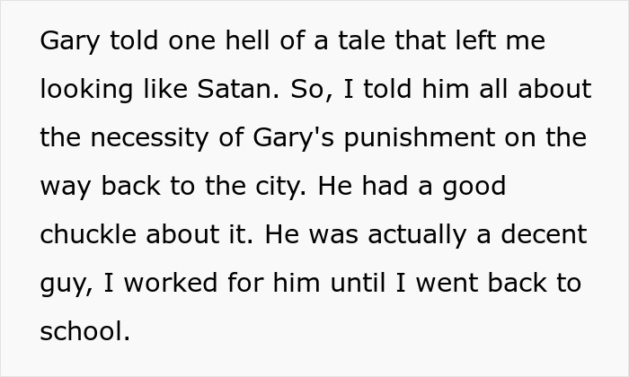 Text excerpt describing a man using theatrics to get revenge on a workplace bully, scaring him intensely.