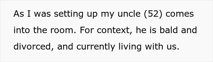 Text excerpt describing a bald and divorced man entering a room while living with family.