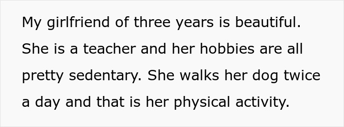 Text excerpt about a woman describing her sedentary lifestyle and physical activity with her dog.
