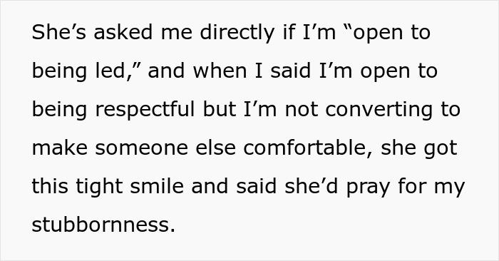 Text excerpt showing a conversation about being open to religious guidance with mention of praying for stubbornness.