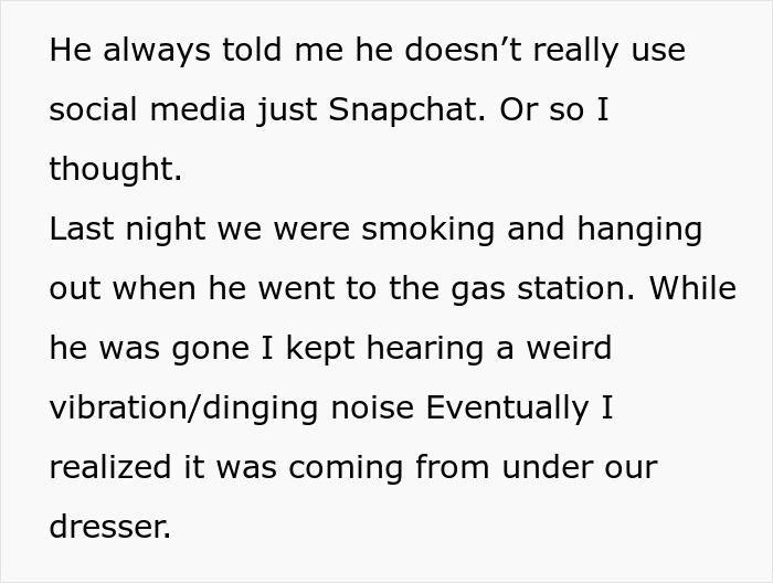 Text message revealing a woman discovering her boyfriend is an internet troll and she was one of his victims.