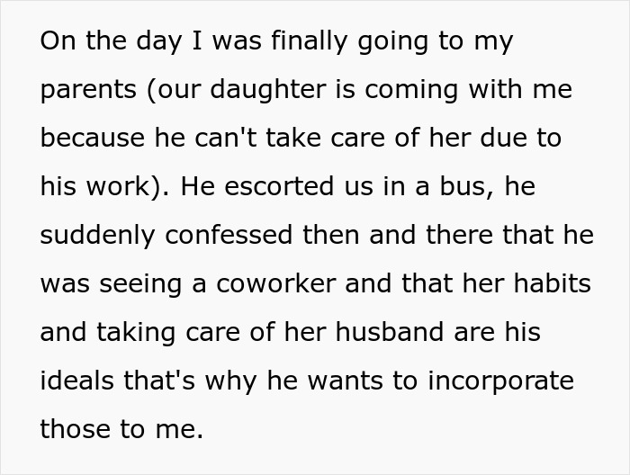 Text excerpt of wife&rsquo;s confession about breaking back acting like a housemaid under husband&rsquo;s demands and giving up after work.