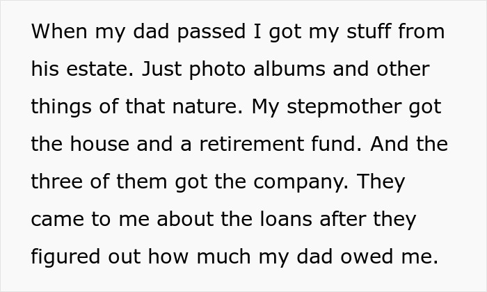 Text excerpt about emptying father&rsquo;s estate including photos, loans, and inheritance of house, retirement fund, and company.